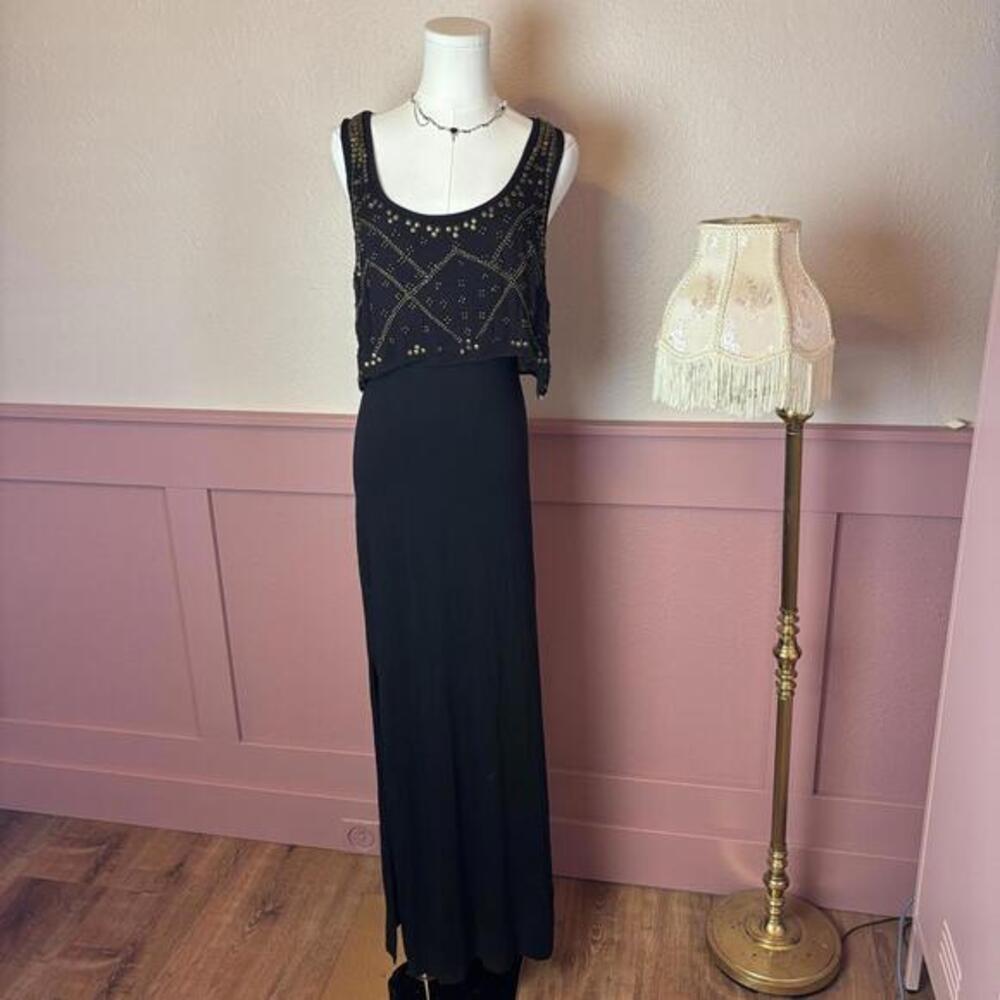 Guess boho beaded double slit maxi dress brown black sz small viscose